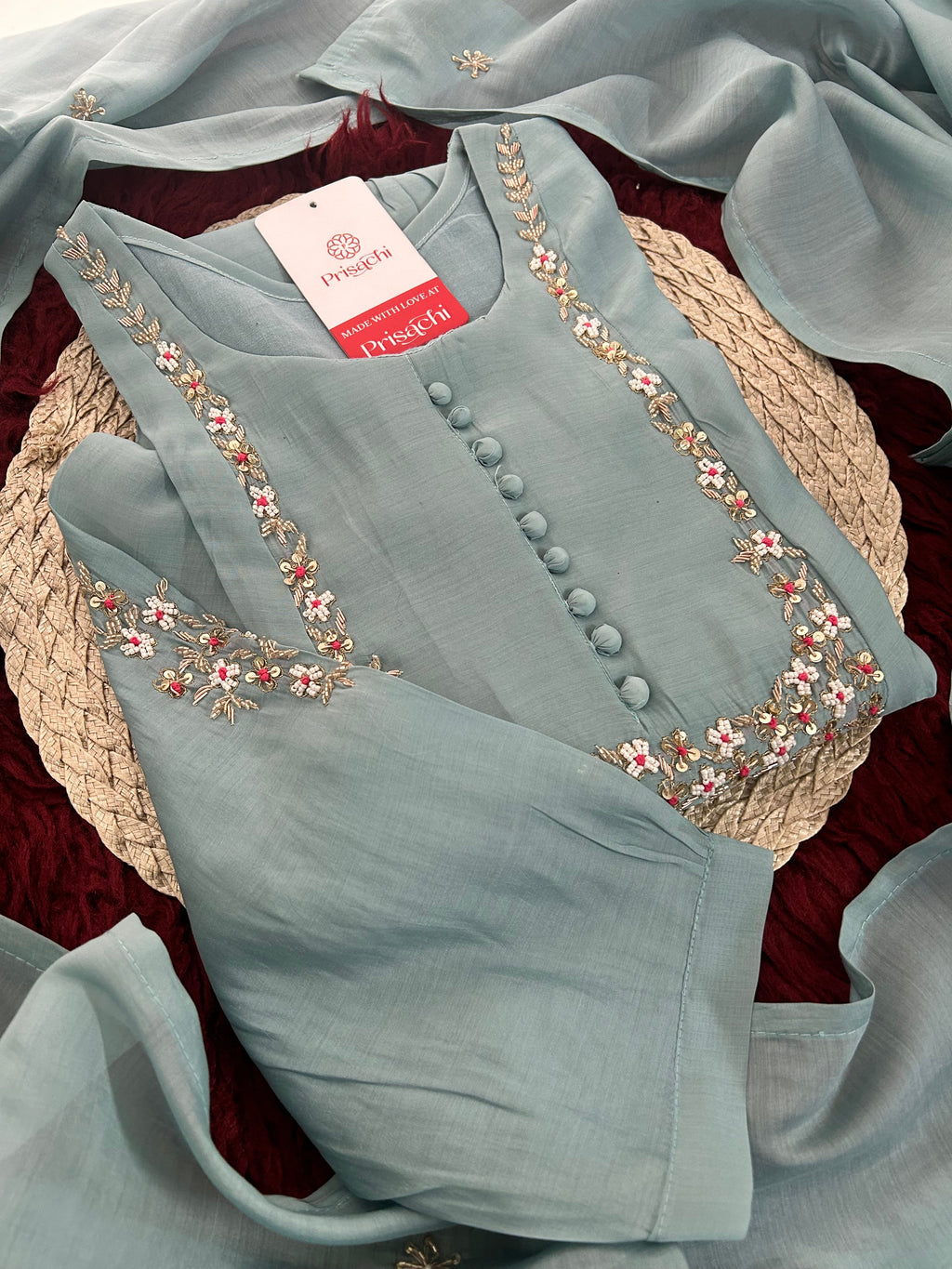 Pista Green Designer Embroidered A-Line Ethnic Kurta Set with Dupatta & Pants
