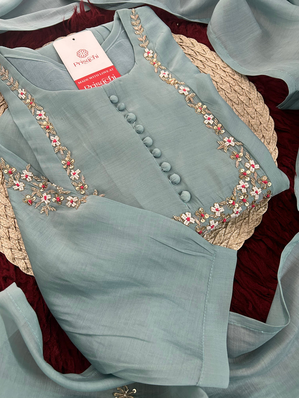 Pista Green Designer Embroidered A-Line Ethnic Kurta Set with Dupatta & Pants