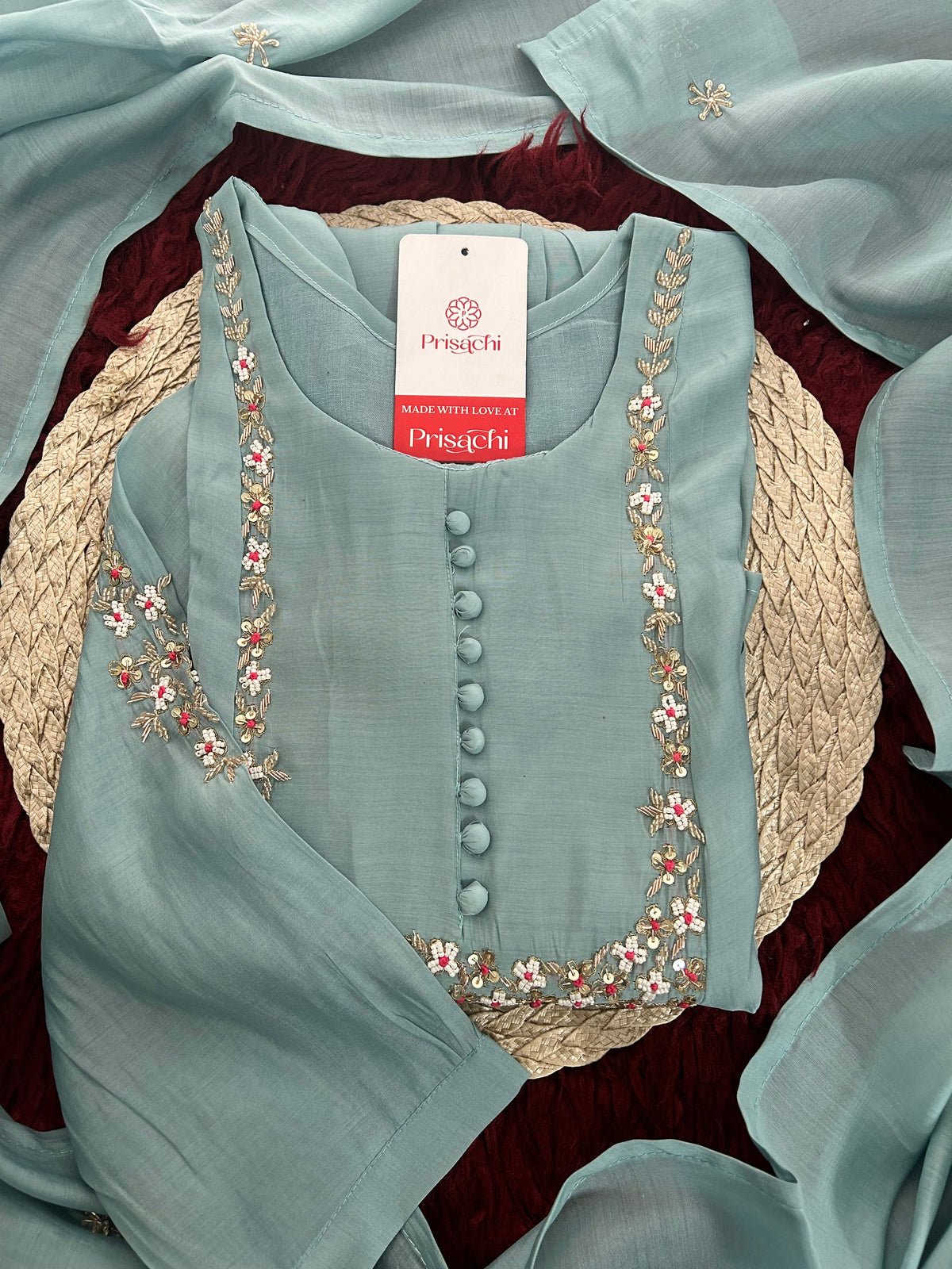 Blue Embroidered A-Line Ethnic Kurta Set with Dupatta & Pants