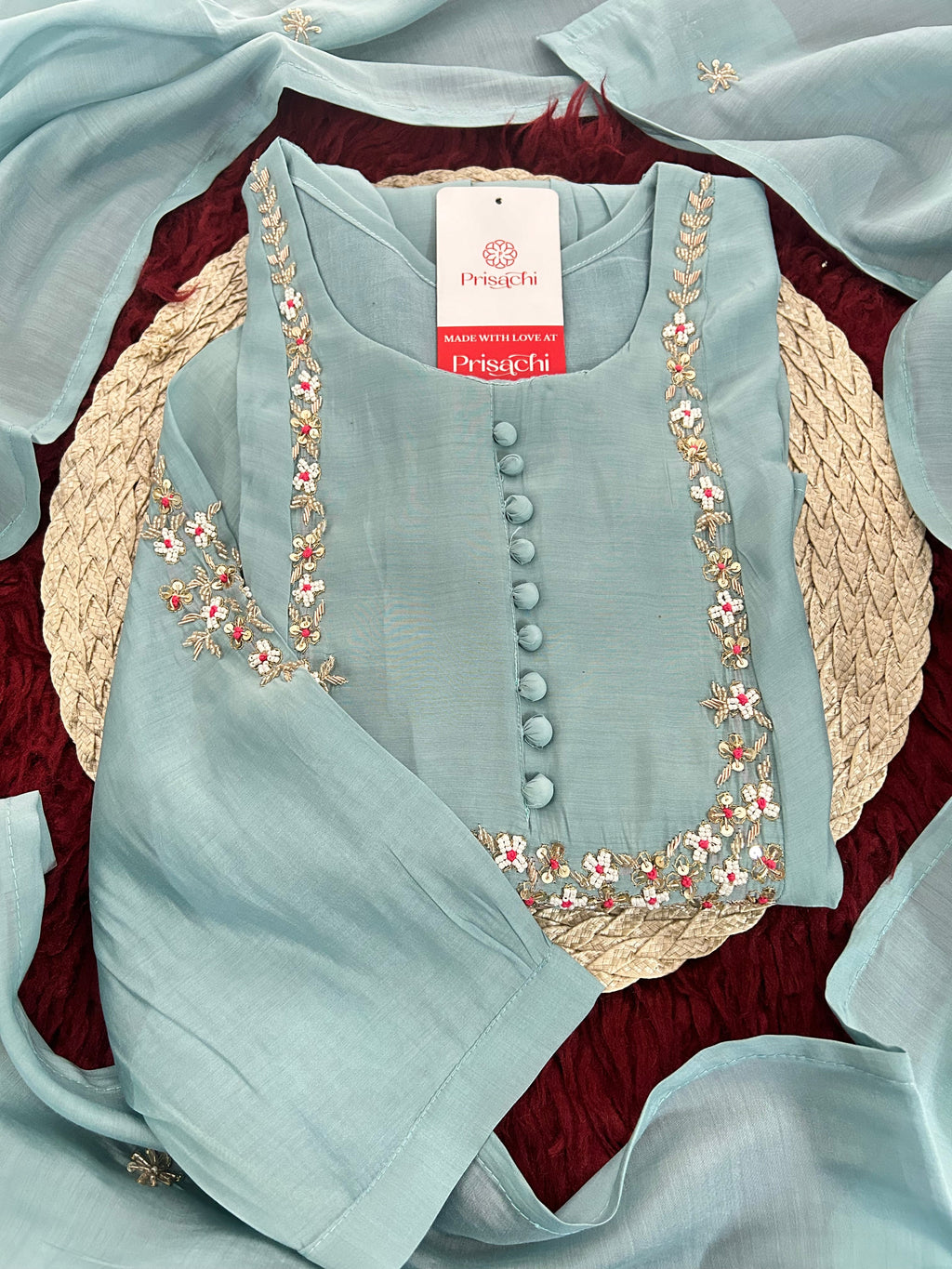 Pista Green Designer Embroidered A-Line Ethnic Kurta Set with Dupatta & Pants