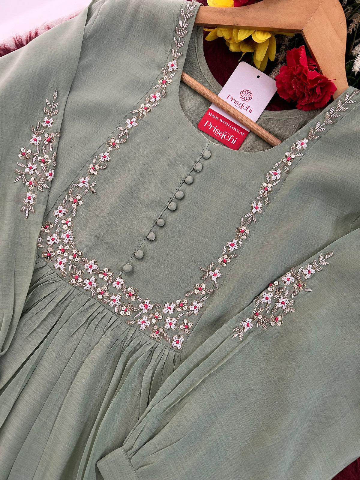 Pista Green Designer Embroidered A-Line Ethnic Kurta Set with Dupatta & Pants