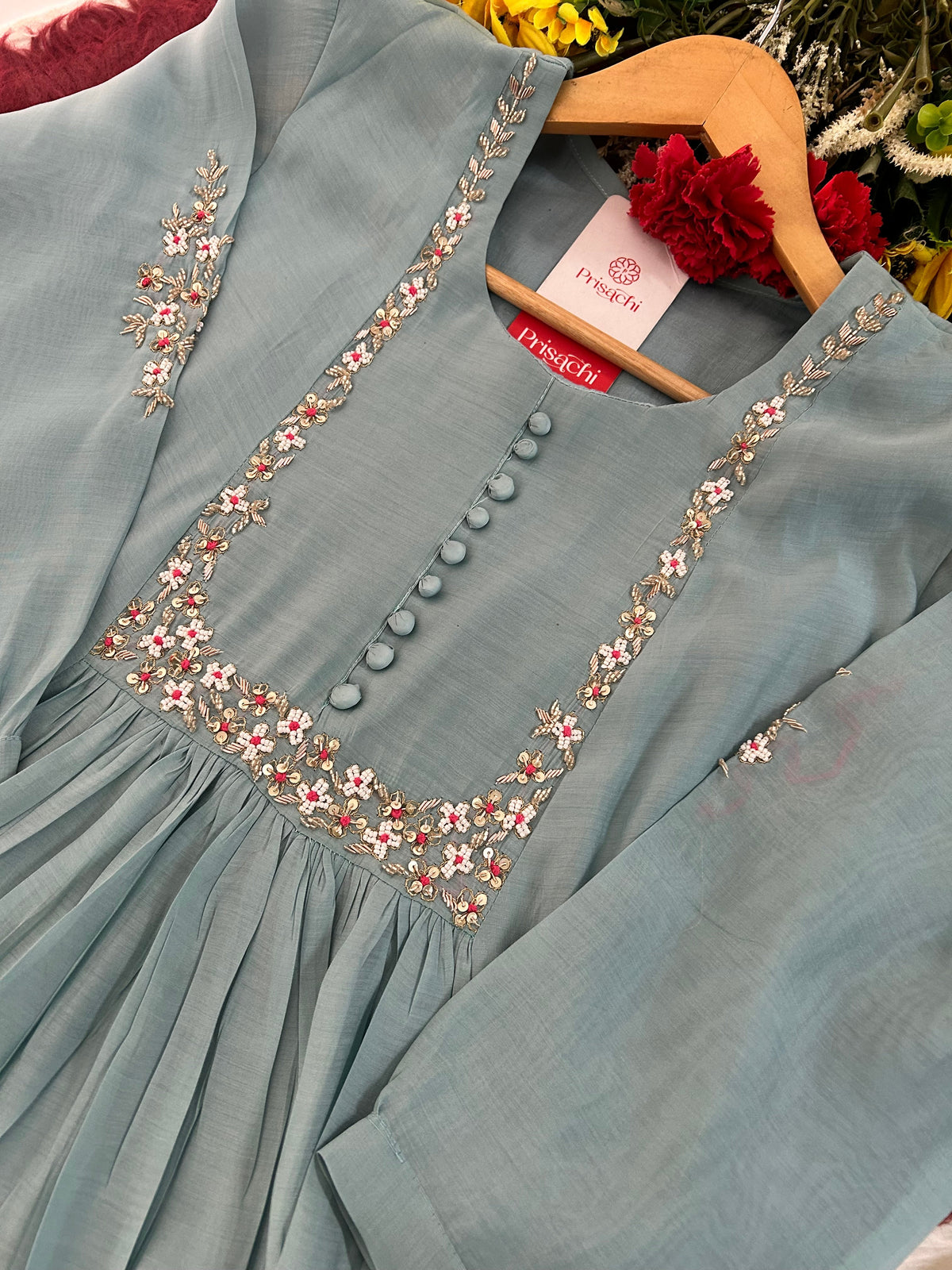 Blue Embroidered A-Line Ethnic Kurta Set with Dupatta & Pants