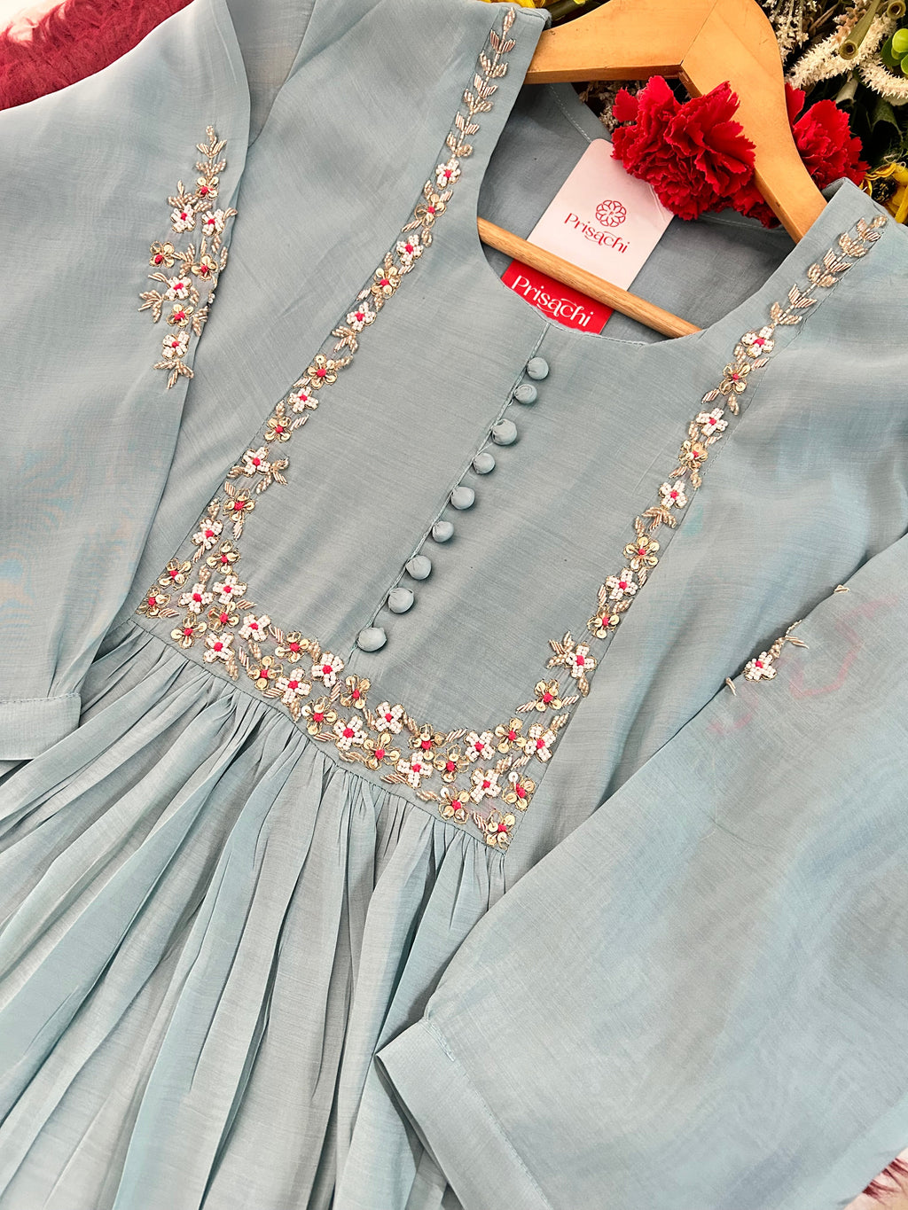 Pista Green Designer Embroidered A-Line Ethnic Kurta Set with Dupatta & Pants