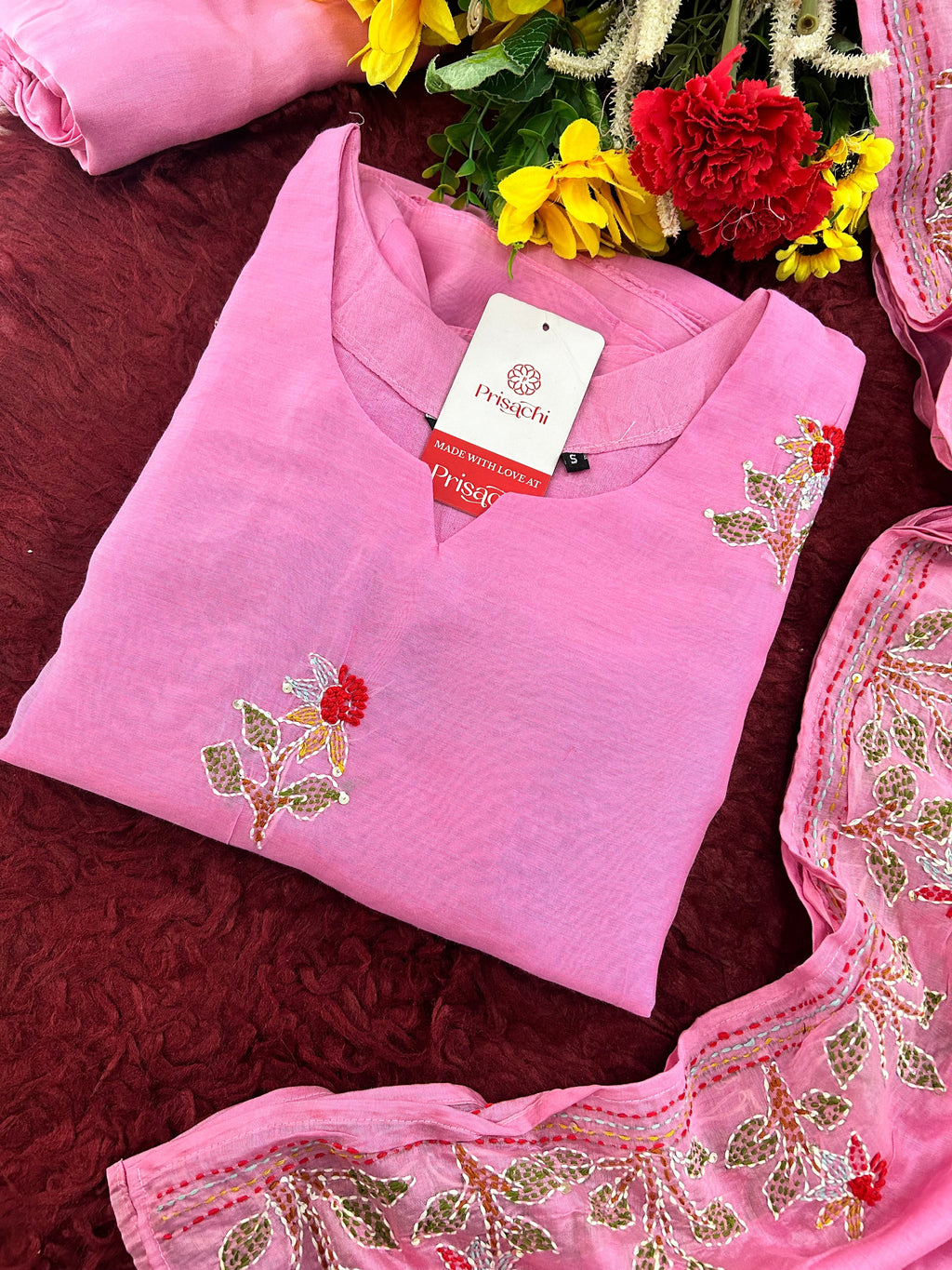 Pink Designer Ethnic A-Line Thread Embroidered Kurta Set with Dupatta and Pants