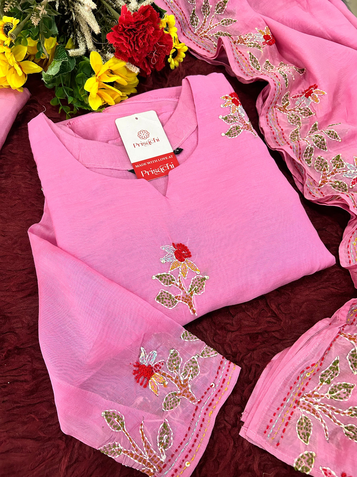 Pink Designer Ethnic A-Line Thread Embroidered Kurta Set with Dupatta and Pants