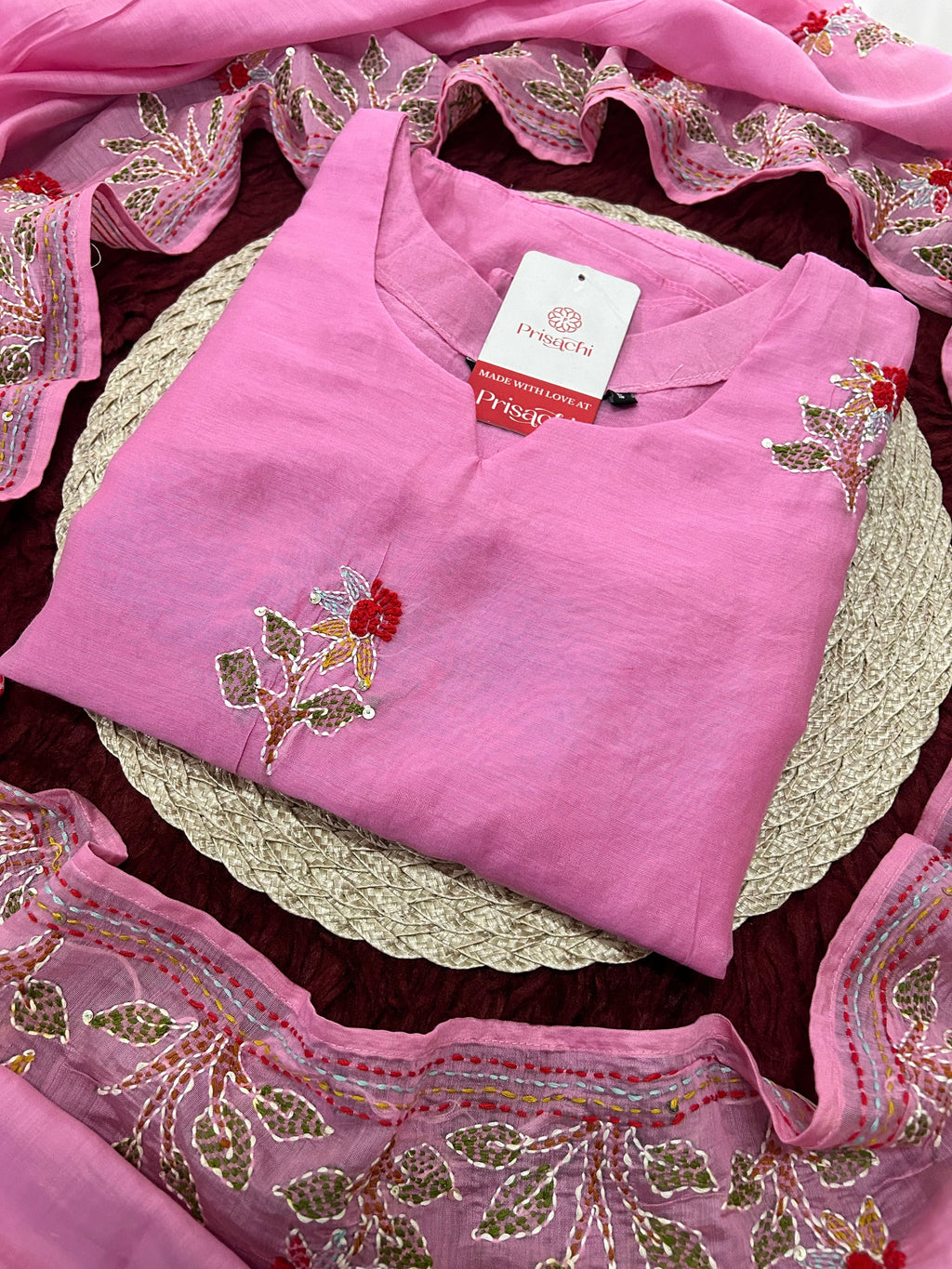 Pink Designer Ethnic A-Line Thread Embroidered Kurta Set with Dupatta and Pants