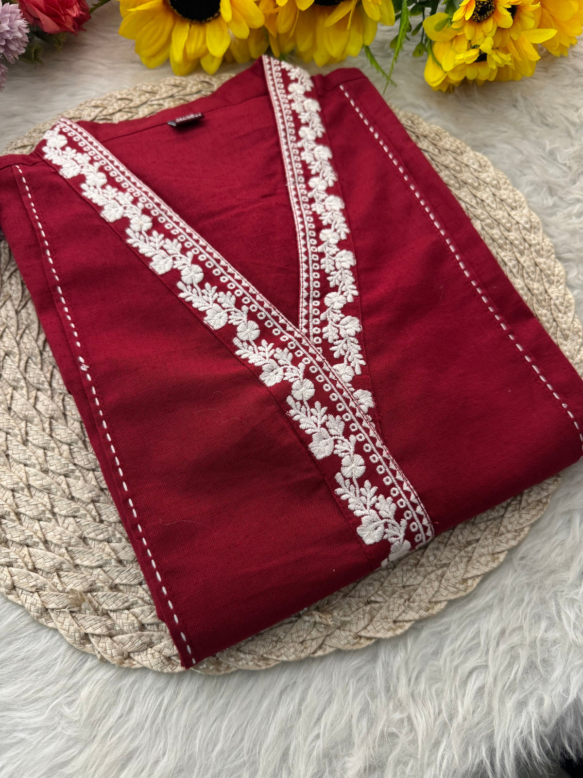 Red Short Straight Thread Embroidered Kurti for Women
