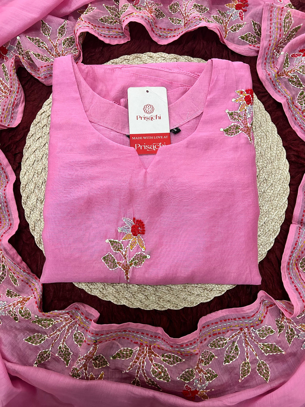 Pink Designer Ethnic A-Line Thread Embroidered Kurta Set with Dupatta and Pants