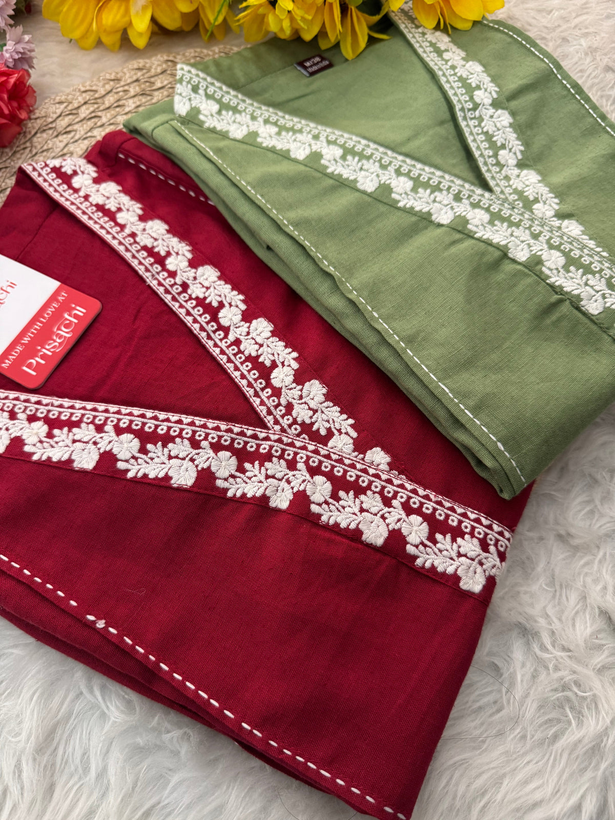 Red Short Straight Thread Embroidered Kurti for Women