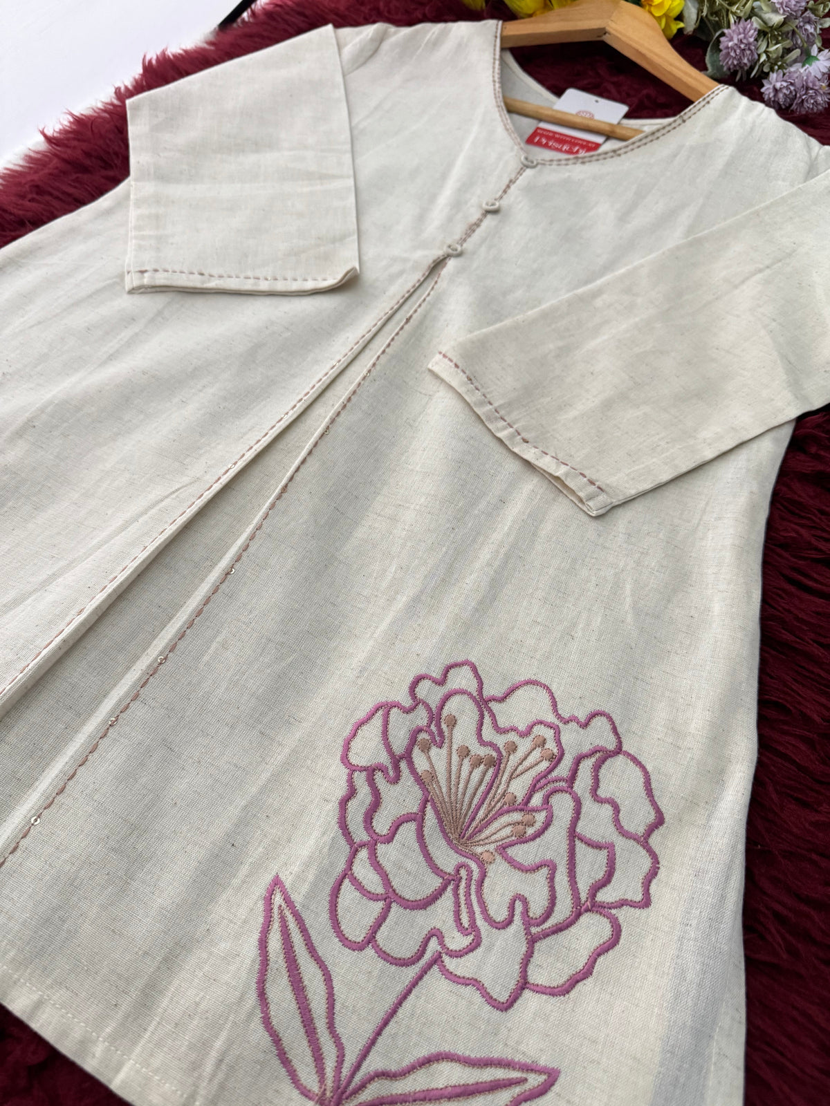 Off White Short Straight Thread Embroidered Kurti for Women