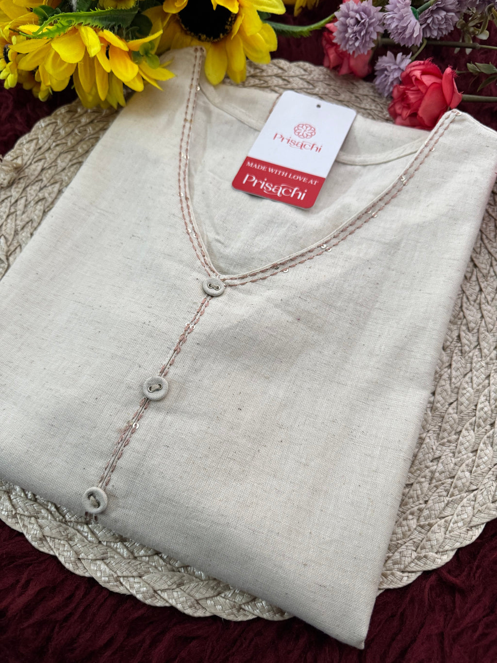 Off White Short Straight Thread Embroidered Kurti for Women