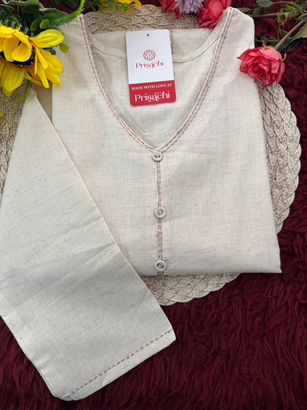 Off White Short Straight Thread Embroidered Kurti for Women