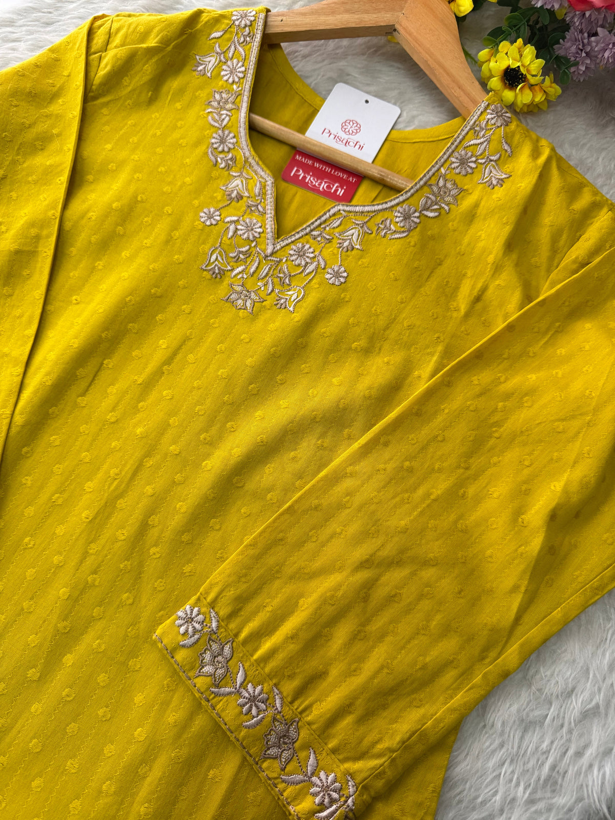 Yellow Short Thread Embroidered Kurti for Women