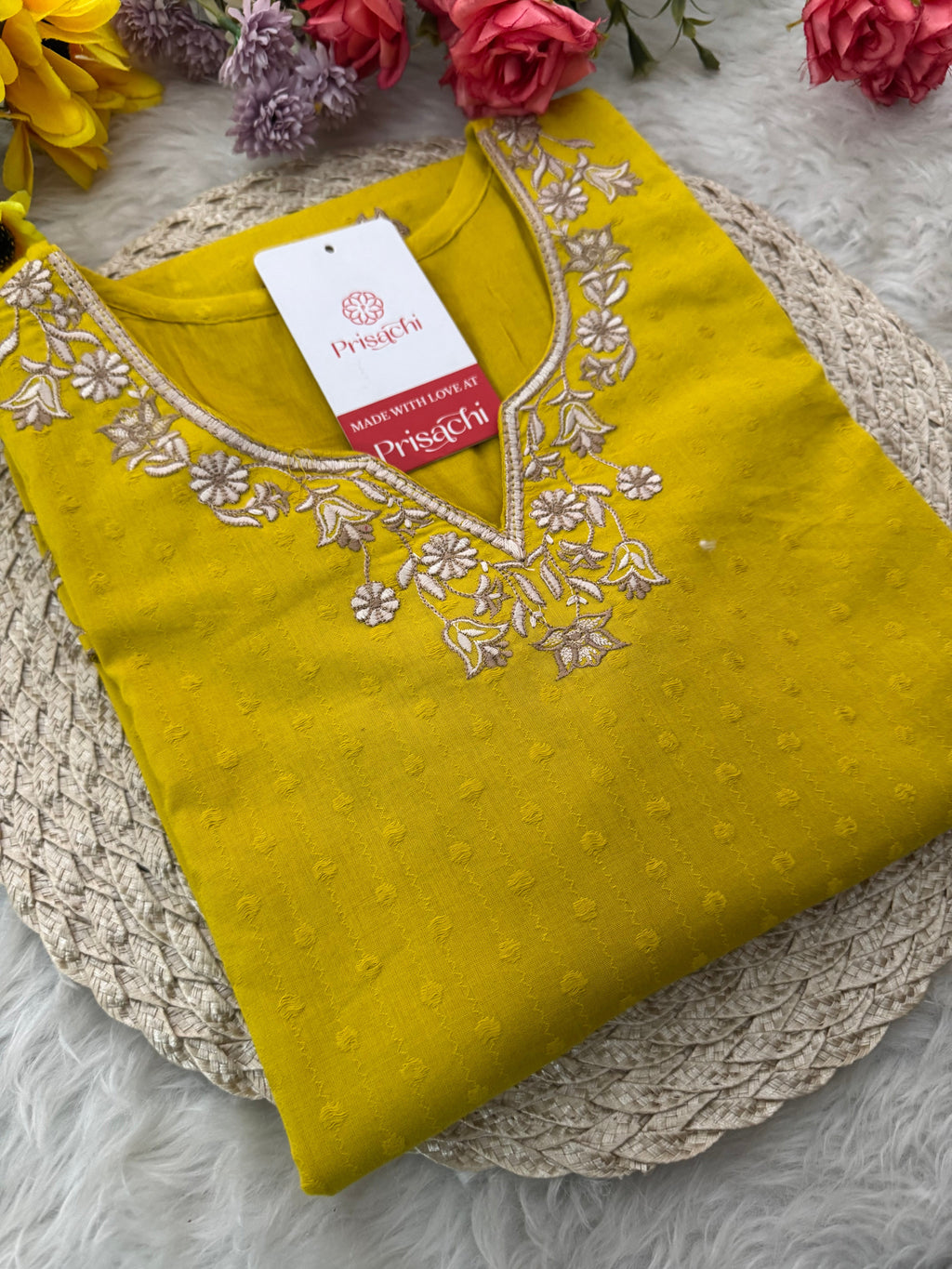 Yellow Short Thread Embroidered Kurti for Women