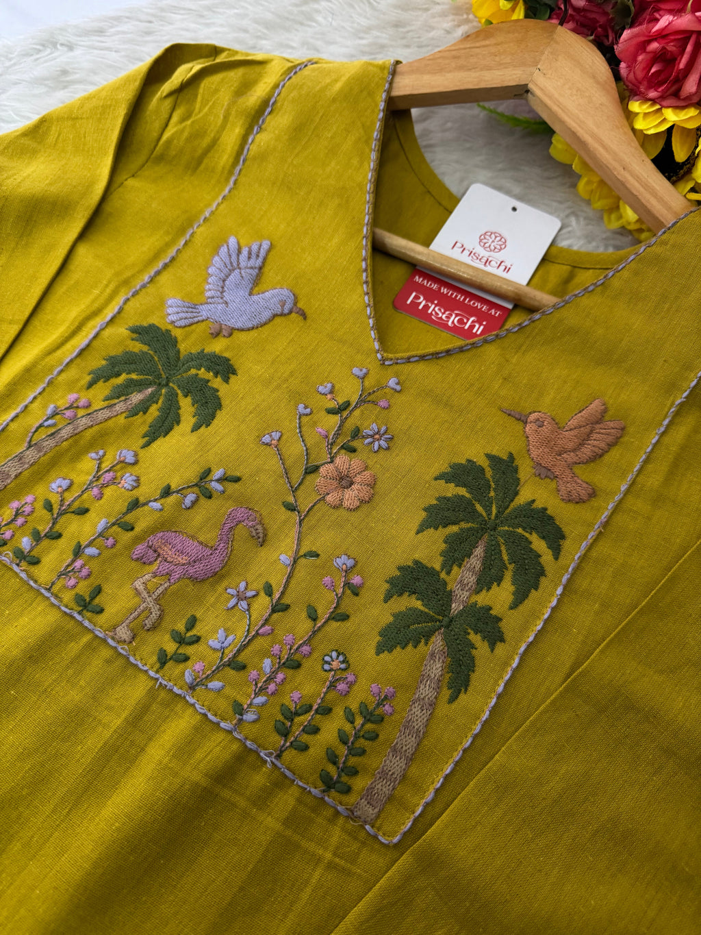 Mustard Yellow Short Straight Thread Embroidered Kurti for Women