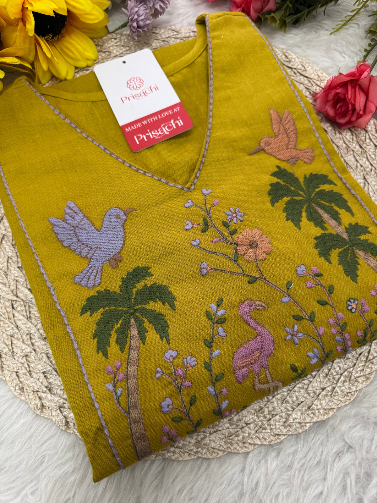 Mustard Yellow Short Straight Thread Embroidered Kurti for Women