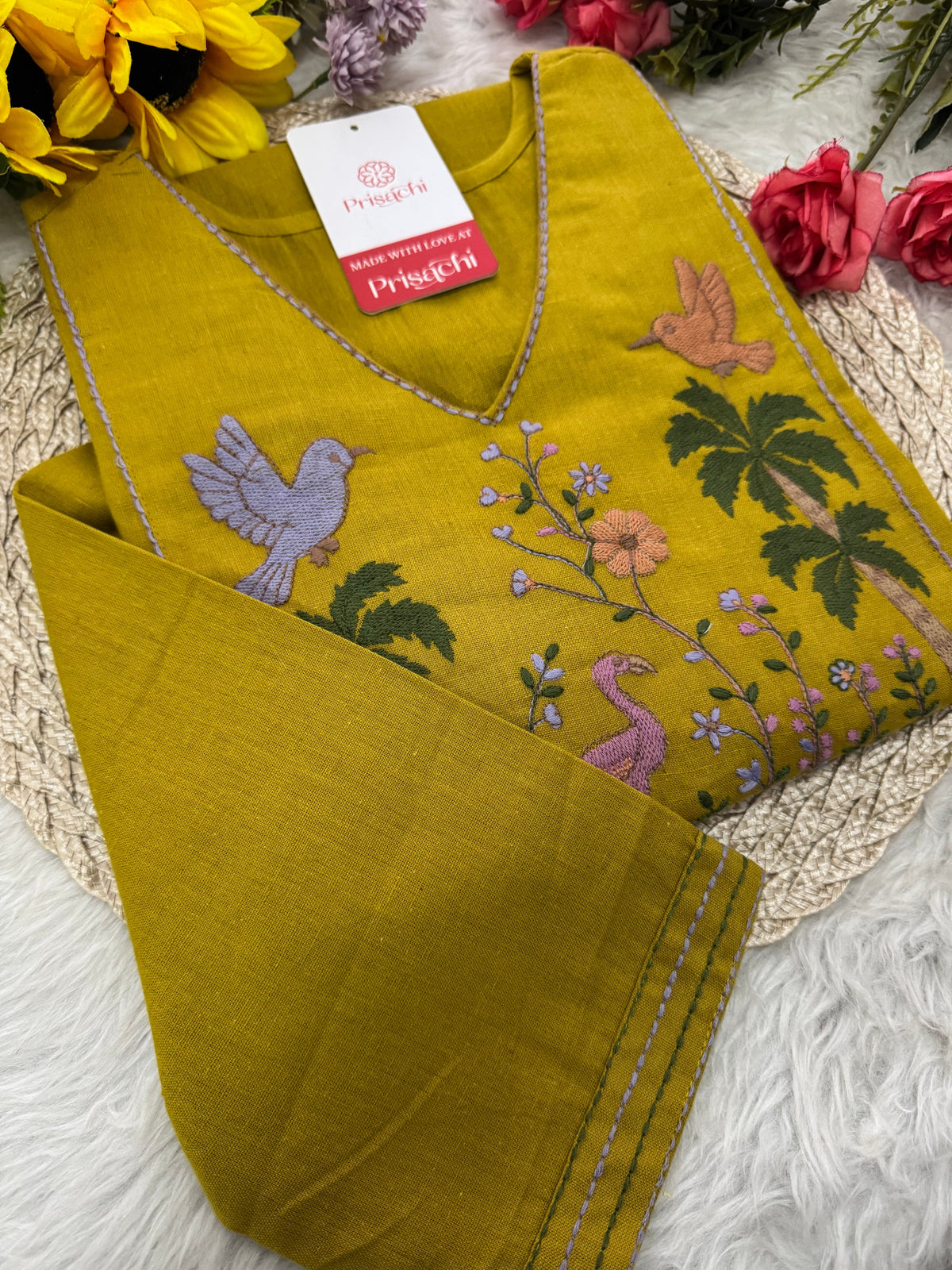 Mustard Yellow Short Straight Thread Embroidered Kurti for Women
