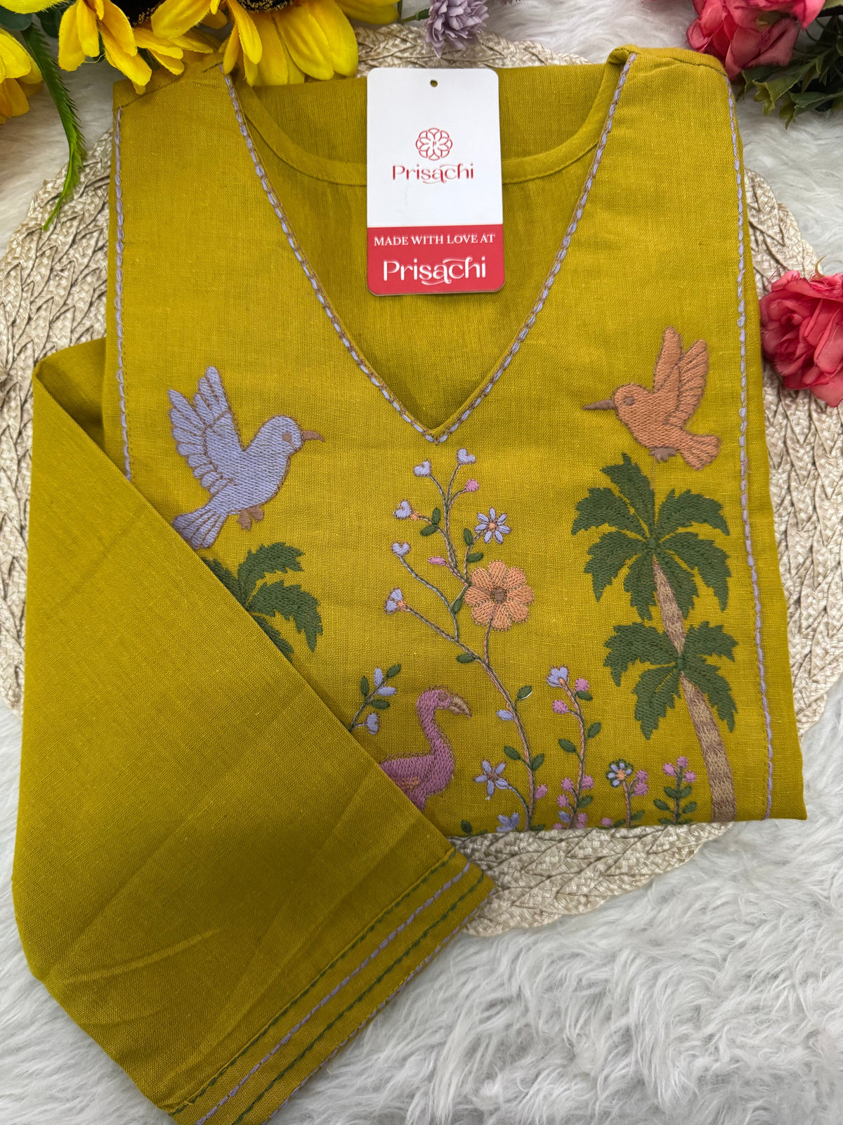 Mustard Yellow Short Straight Thread Embroidered Kurti for Women