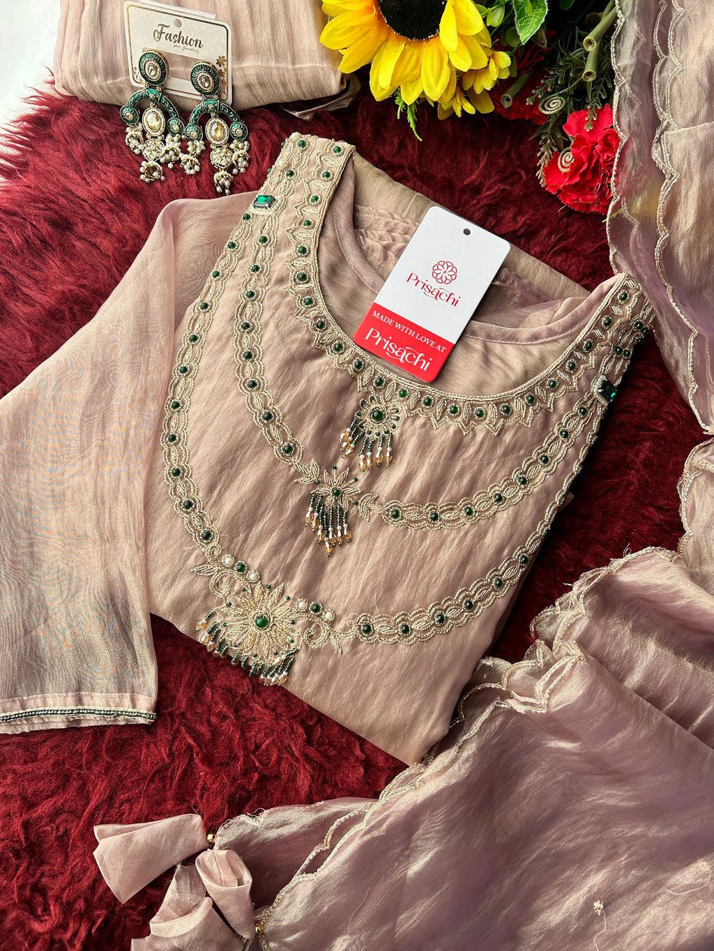 Mauve Zardozi Embroidered Ethnic A-Line Kurta Set for Women with Pants & Dupatta