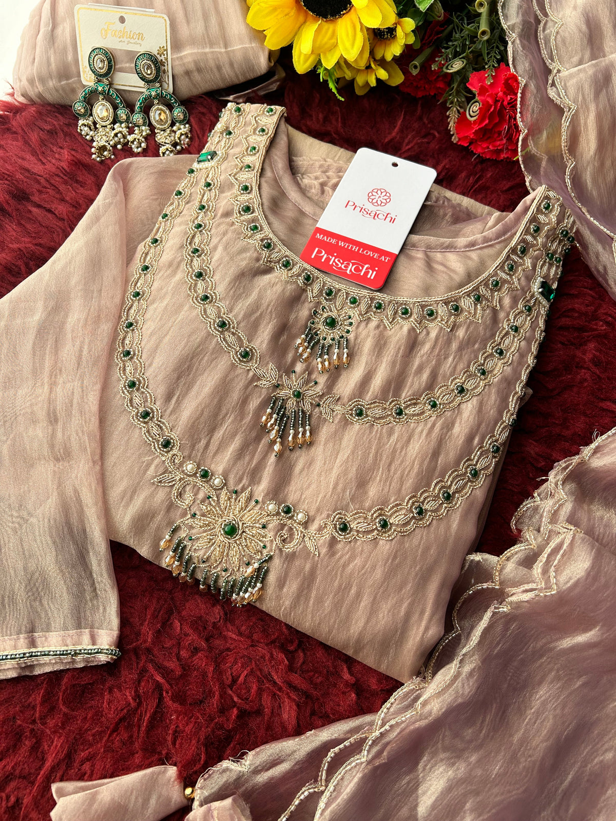 Mauve Zardozi Embroidered Ethnic A-Line Kurta Set for Women with Pants & Dupatta