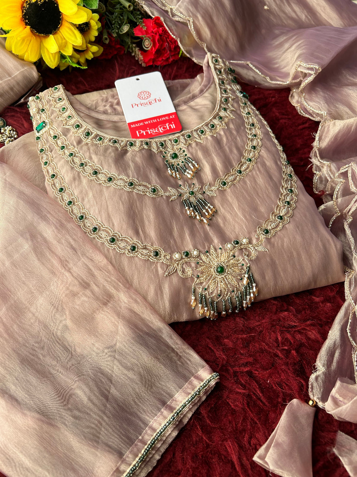 Sky Blue Zardozi Embroidered Ethnic A-Line Kurta Set for Women with Pants & Dupatta