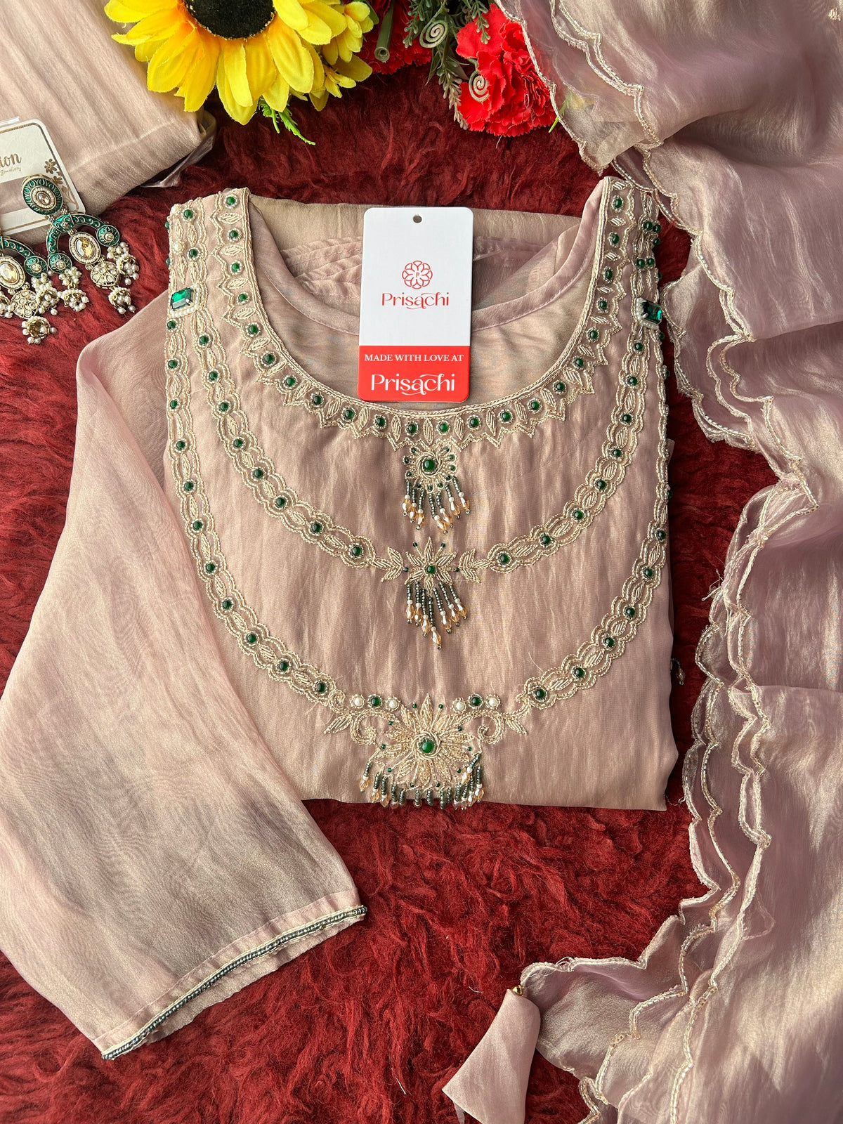 Mauve Zardozi Embroidered Ethnic A-Line Kurta Set for Women with Pants & Dupatta