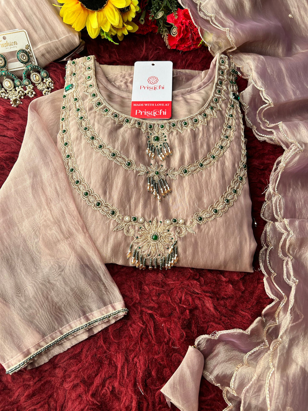 Mauve Zardozi Embroidered Ethnic A-Line Kurta Set for Women with Pants & Dupatta