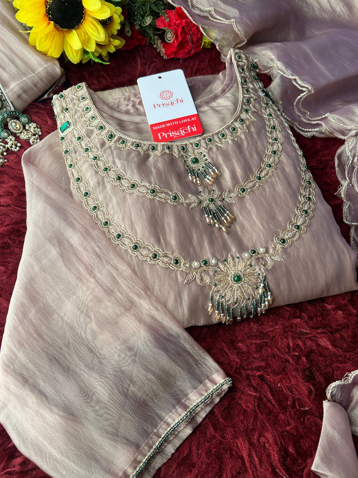 Mauve Zardozi Embroidered Ethnic A-Line Kurta Set for Women with Pants & Dupatta