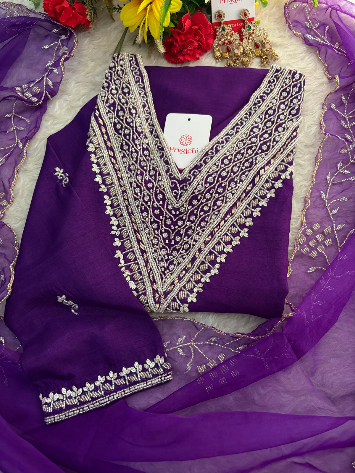 Purple Zardozi Embroidered Kurta Set for Women with Pants & Dupatta | Festive Ethnic wear
