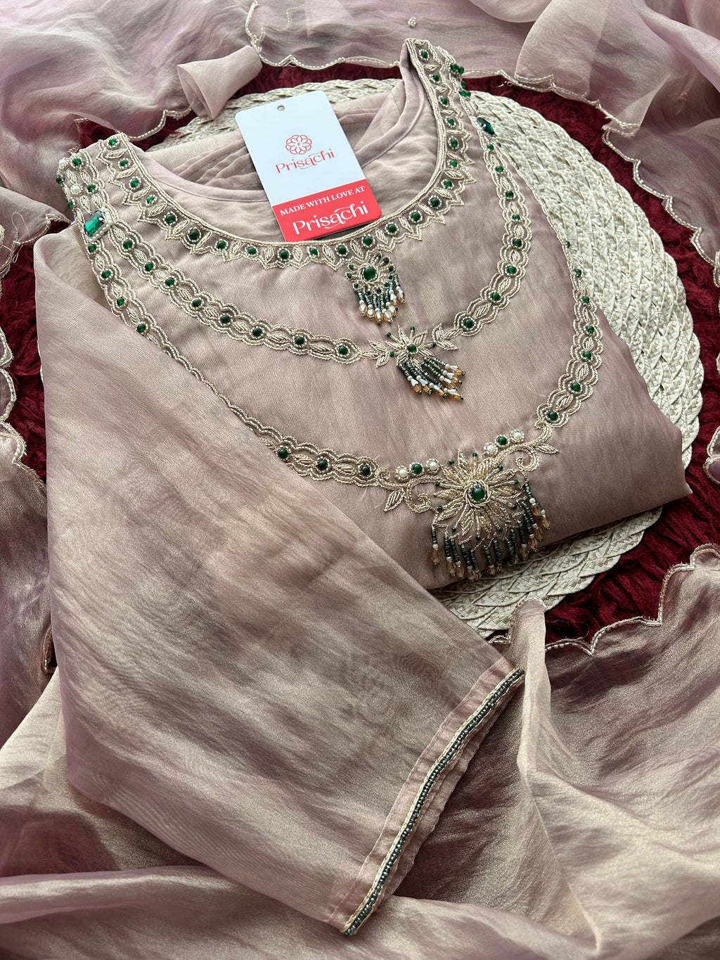 Mauve Zardozi Embroidered Ethnic A-Line Kurta Set for Women with Pants & Dupatta