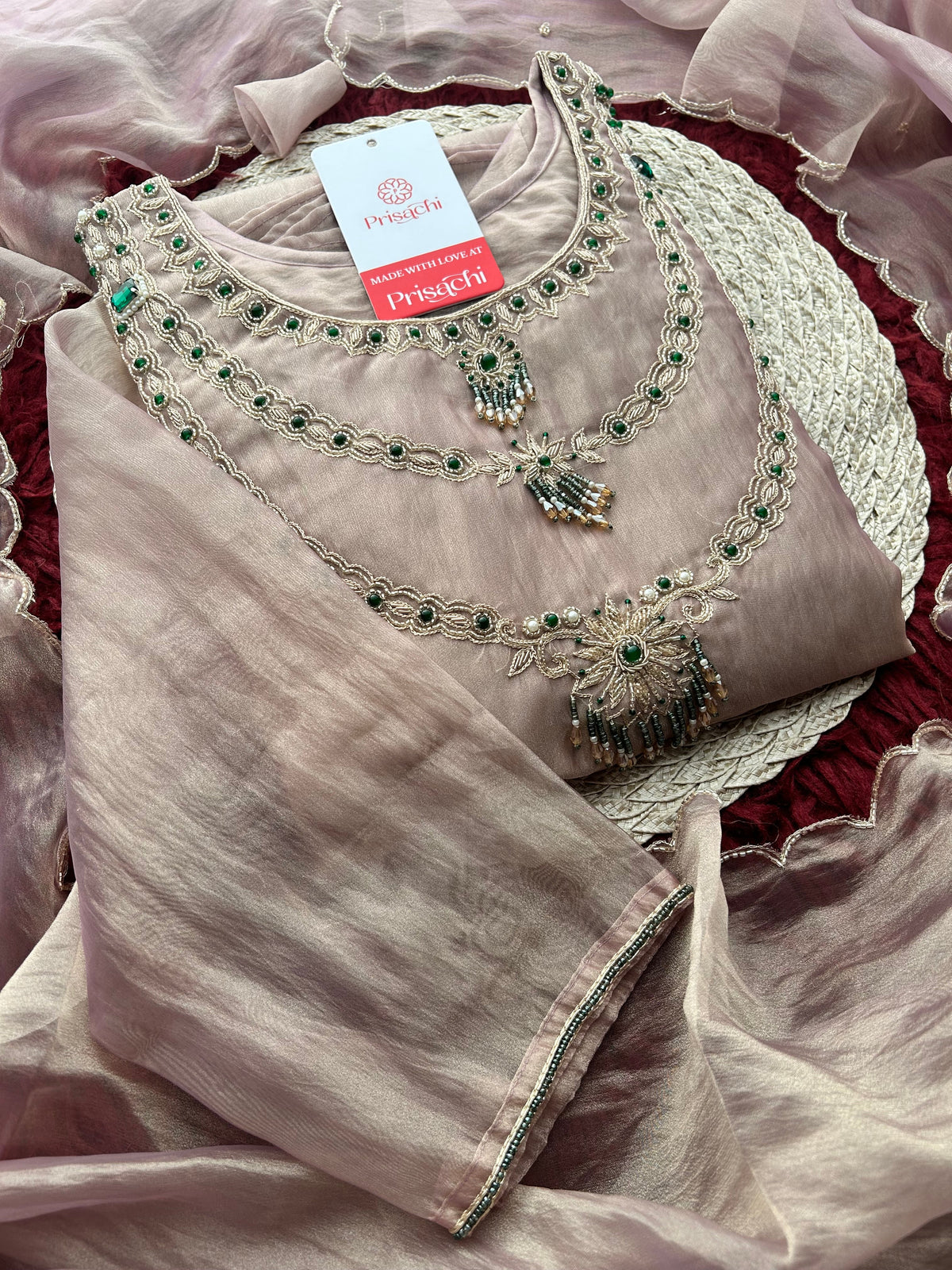 Mauve Zardozi Embroidered Ethnic A-Line Kurta Set for Women with Pants & Dupatta