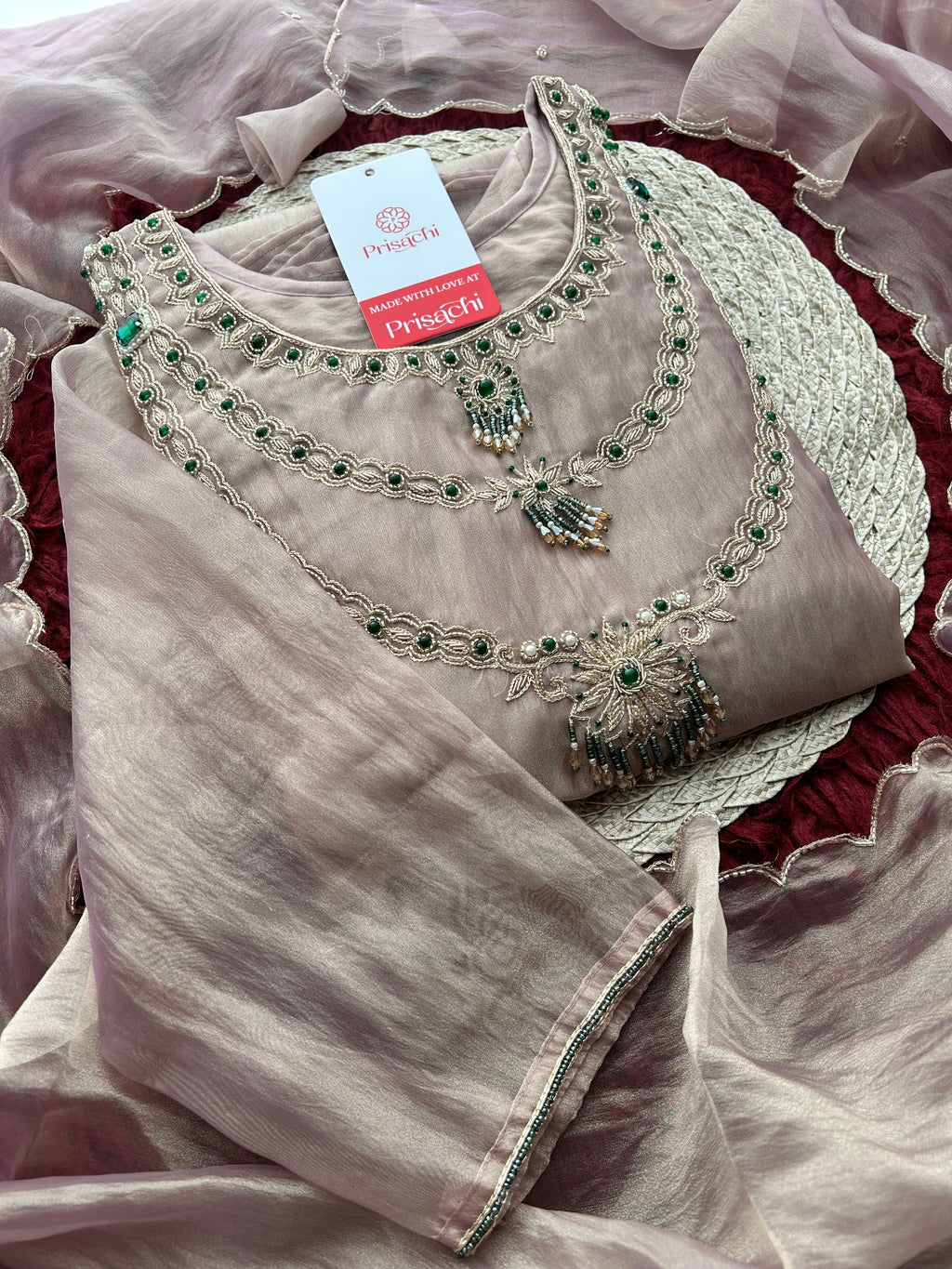 Mauve Zardozi Embroidered Ethnic A-Line Kurta Set for Women with Pants & Dupatta
