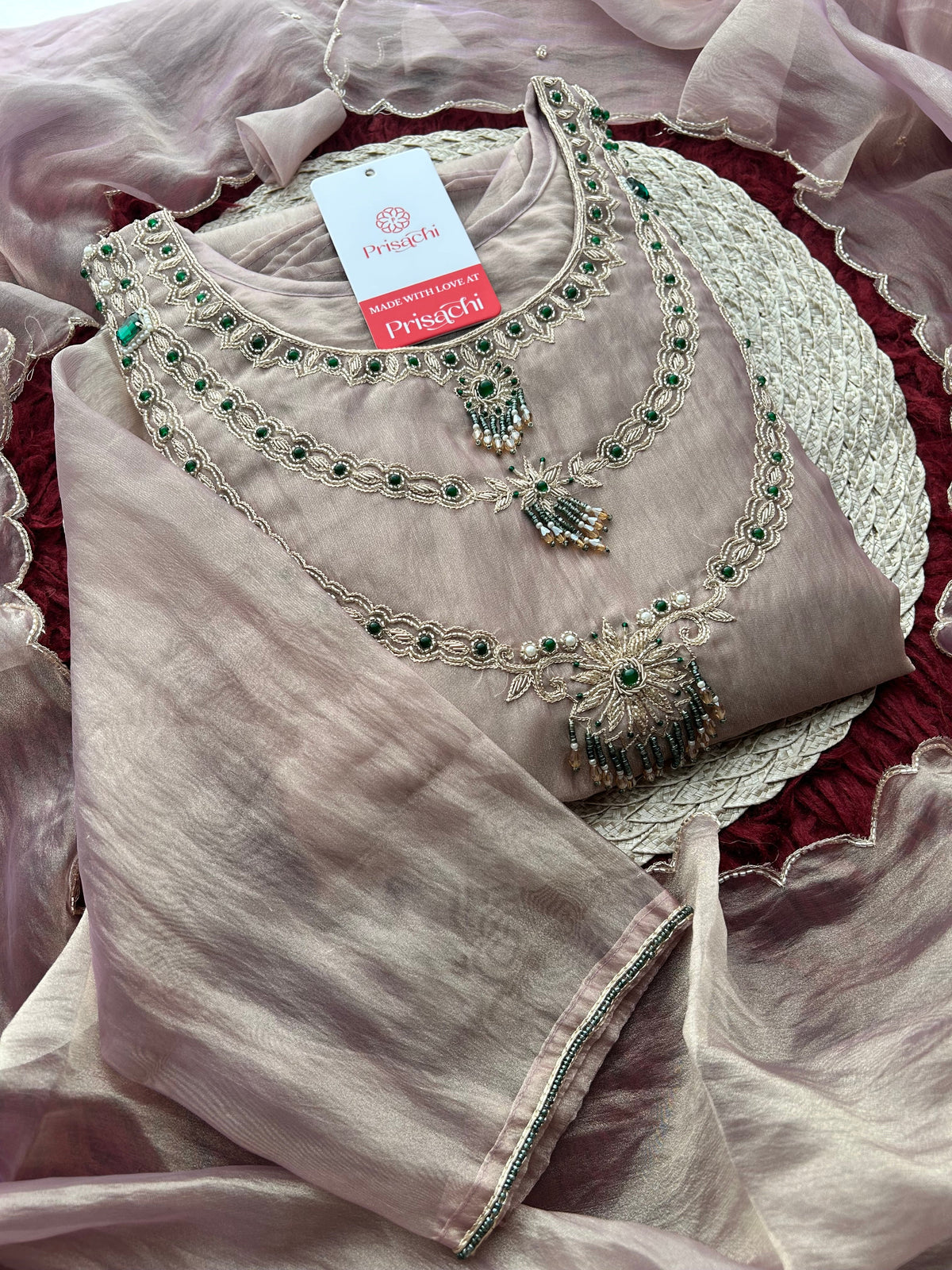 Mauve Zardozi Embroidered Ethnic A-Line Kurta Set for Women with Pants & Dupatta