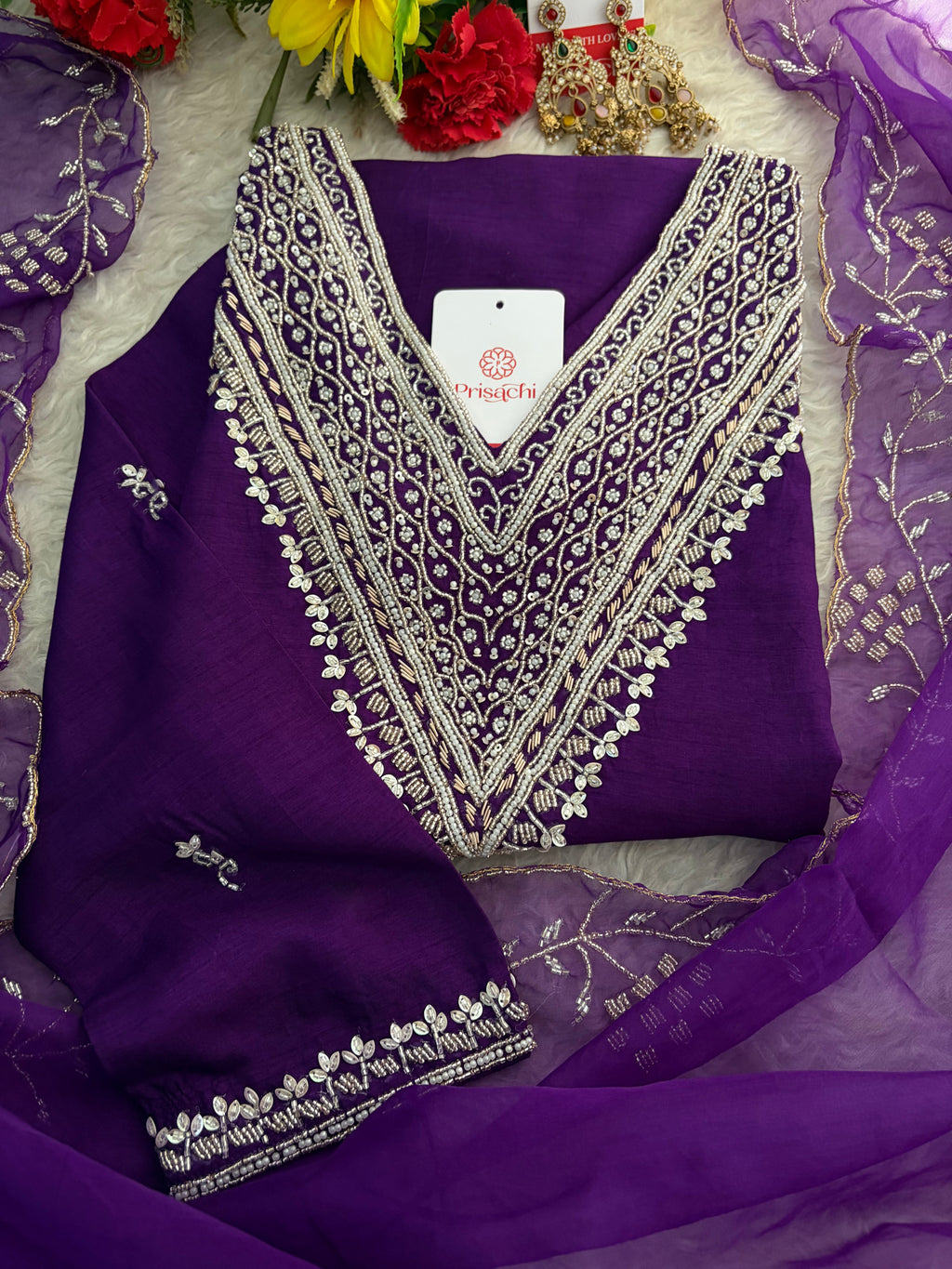 Purple Zardozi Embroidered Kurta Set for Women with Pants & Dupatta | Festive Ethnic wear