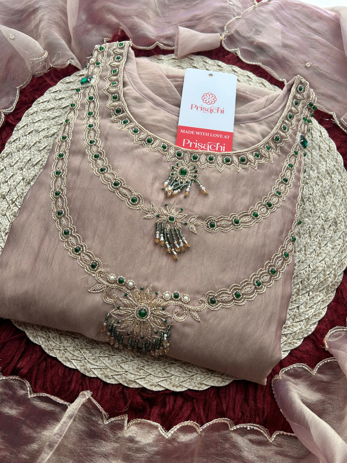 Mauve Zardozi Embroidered Ethnic A-Line Kurta Set for Women with Pants & Dupatta
