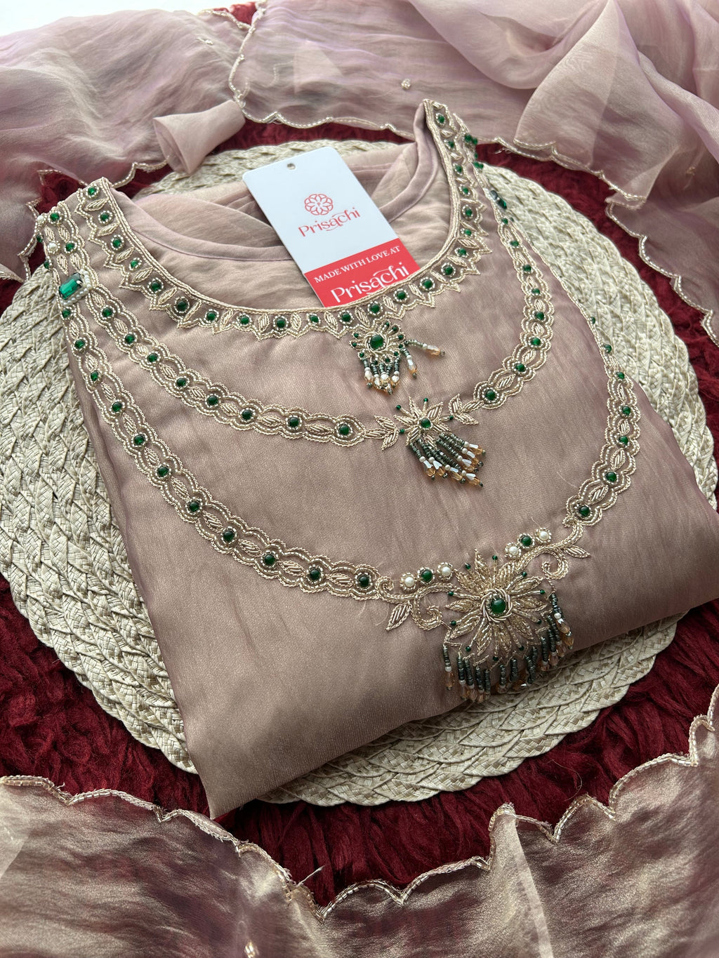 Mauve Zardozi Embroidered Ethnic A-Line Kurta Set for Women with Pants & Dupatta