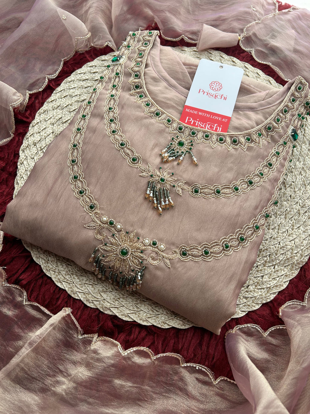 Mauve Zardozi Embroidered Ethnic A-Line Kurta Set for Women with Pants & Dupatta