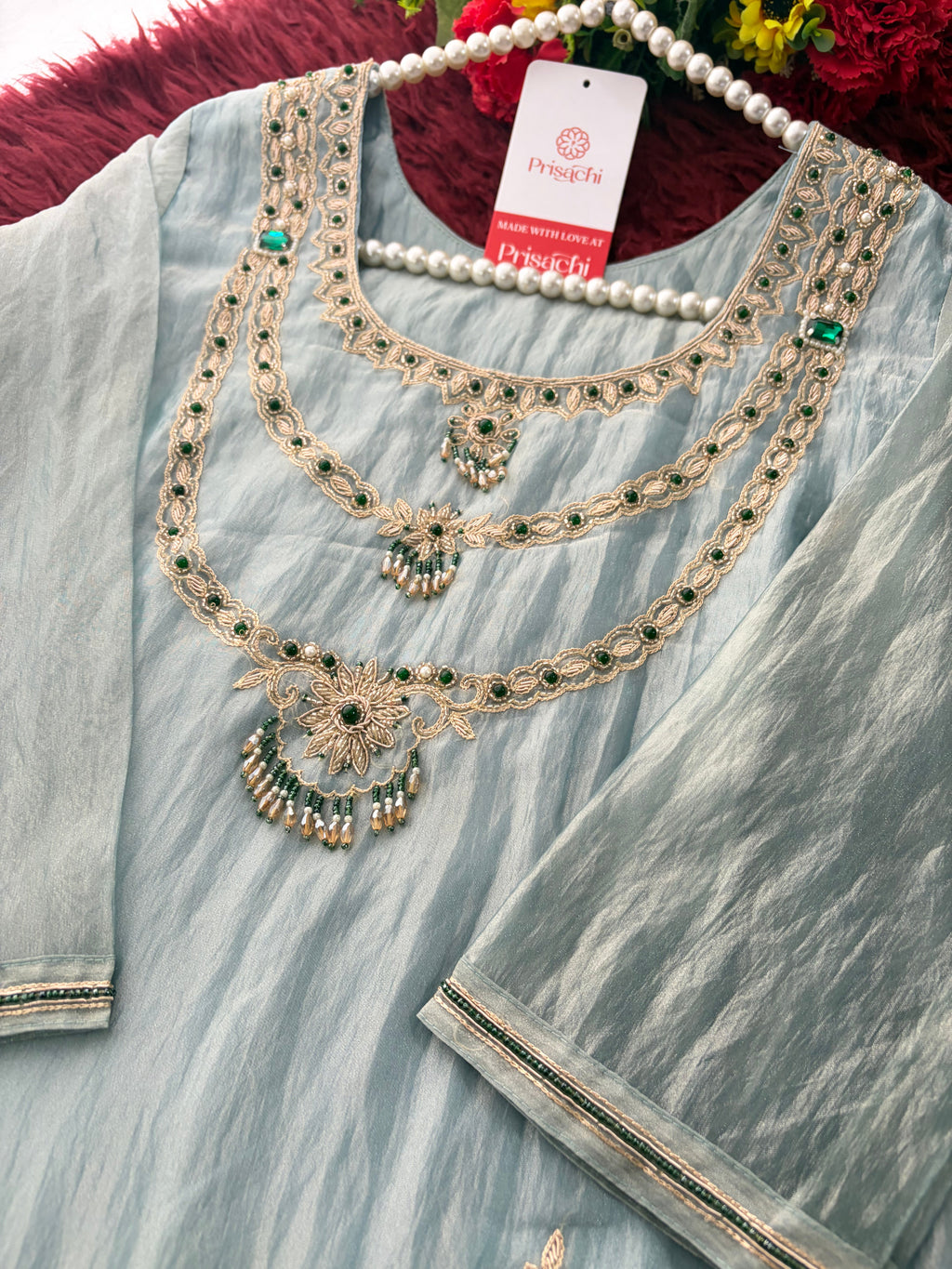 Mauve Zardozi Embroidered Ethnic A-Line Kurta Set for Women with Pants & Dupatta