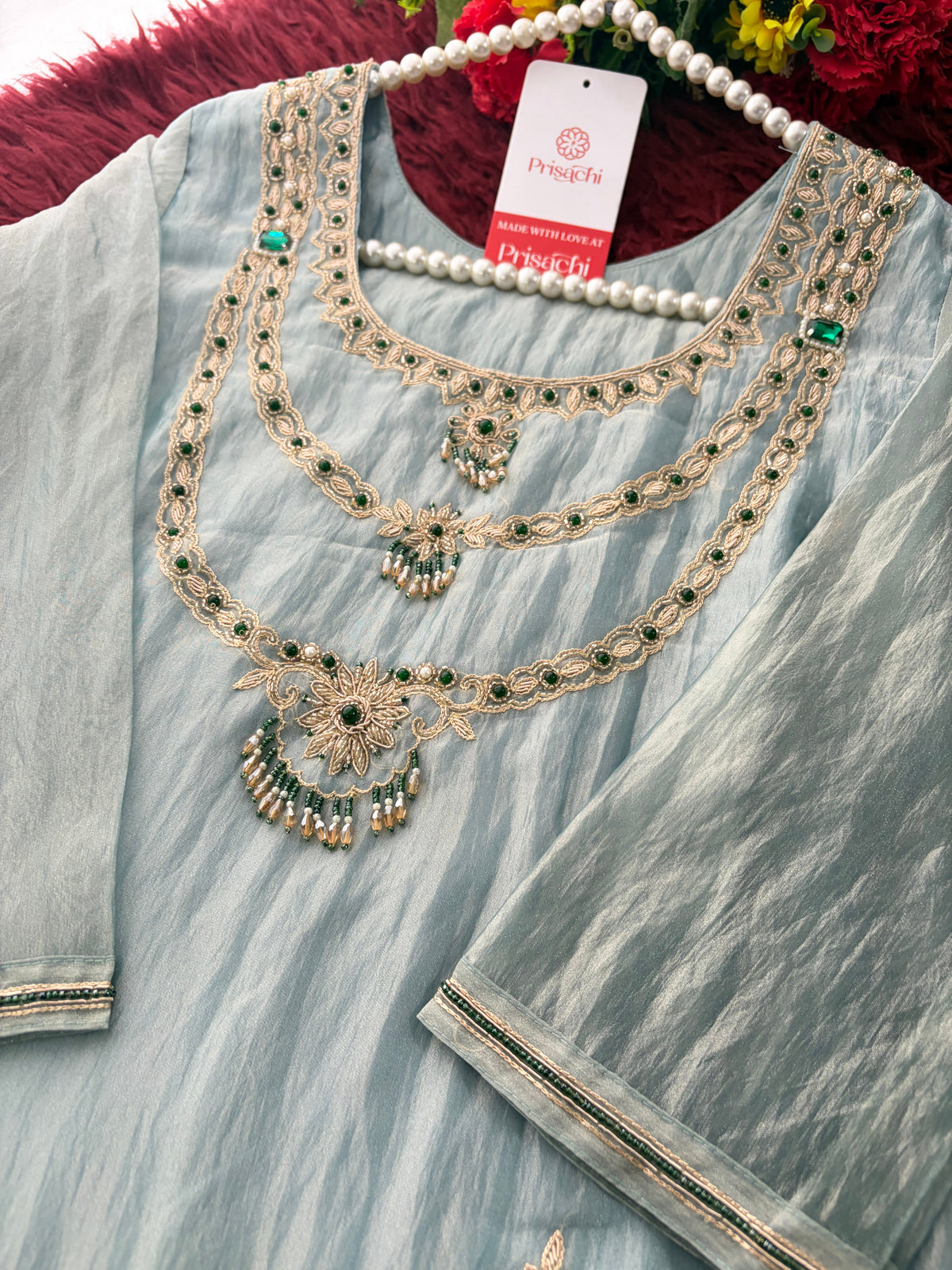 Mauve Zardozi Embroidered Ethnic A-Line Kurta Set for Women with Pants & Dupatta