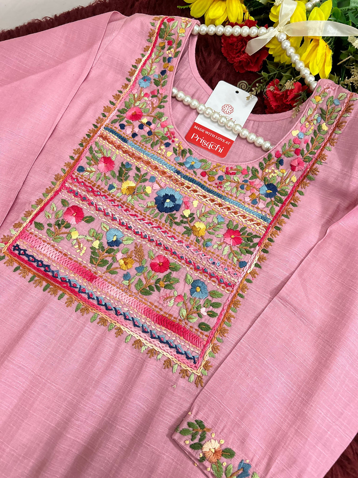 Pink Thread Embroidered Kurti Pant Co-ord Set | Ethnic Office & Casual Wear
