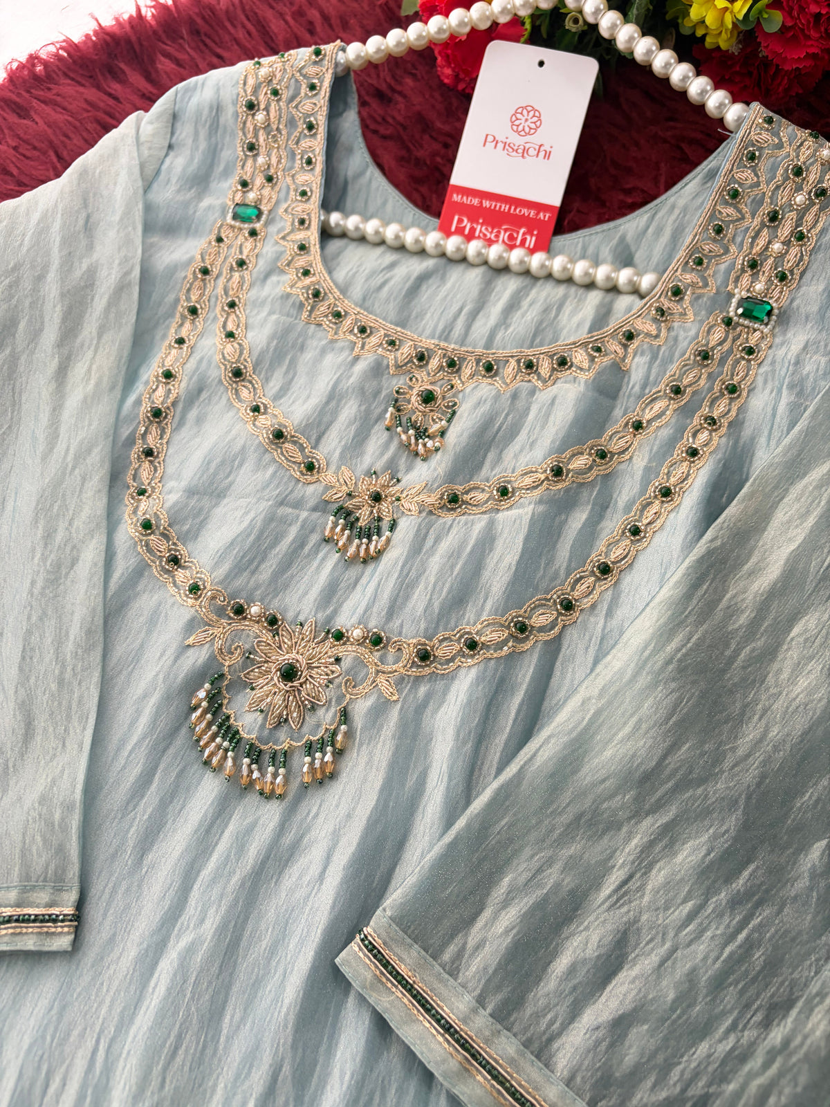 Sky Blue Zardozi Embroidered Ethnic A-Line Kurta Set for Women with Pants & Dupatta