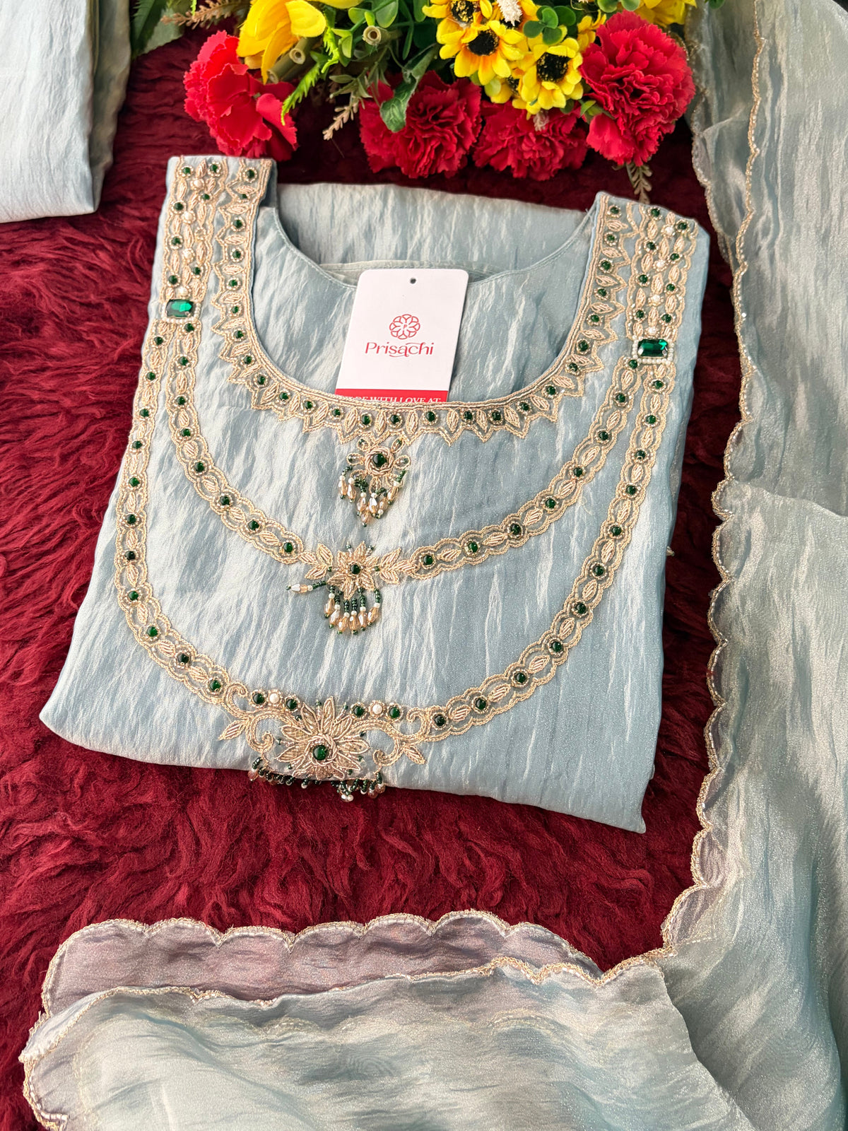 Mauve Zardozi Embroidered Ethnic A-Line Kurta Set for Women with Pants & Dupatta