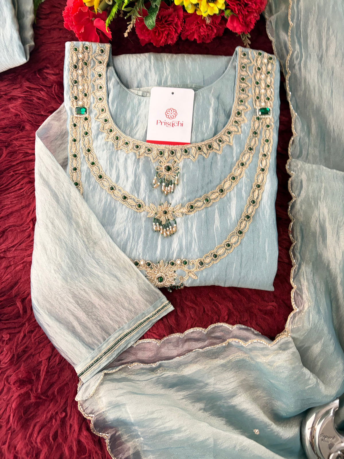 Mauve Zardozi Embroidered Ethnic A-Line Kurta Set for Women with Pants & Dupatta