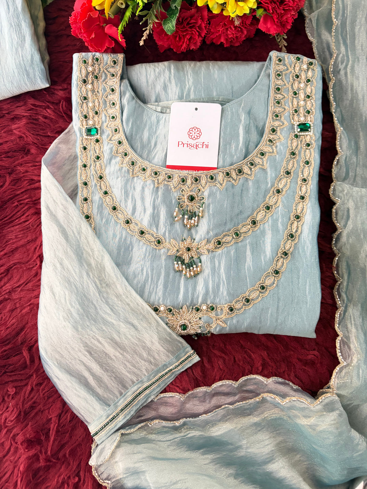 Mauve Zardozi Embroidered Ethnic A-Line Kurta Set for Women with Pants & Dupatta