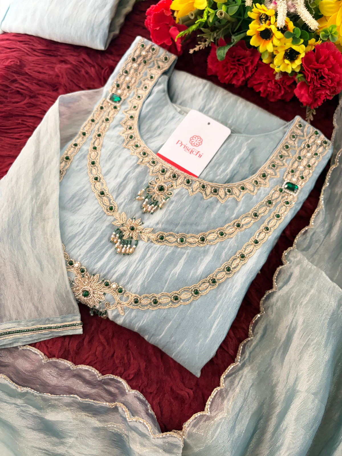 Sky Blue Zardozi Embroidered Ethnic A-Line Kurta Set for Women with Pants & Dupatta