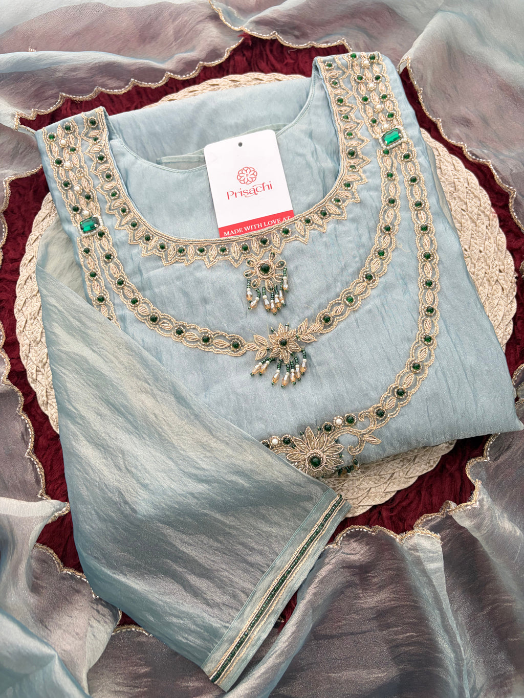 Mauve Zardozi Embroidered Ethnic A-Line Kurta Set for Women with Pants & Dupatta