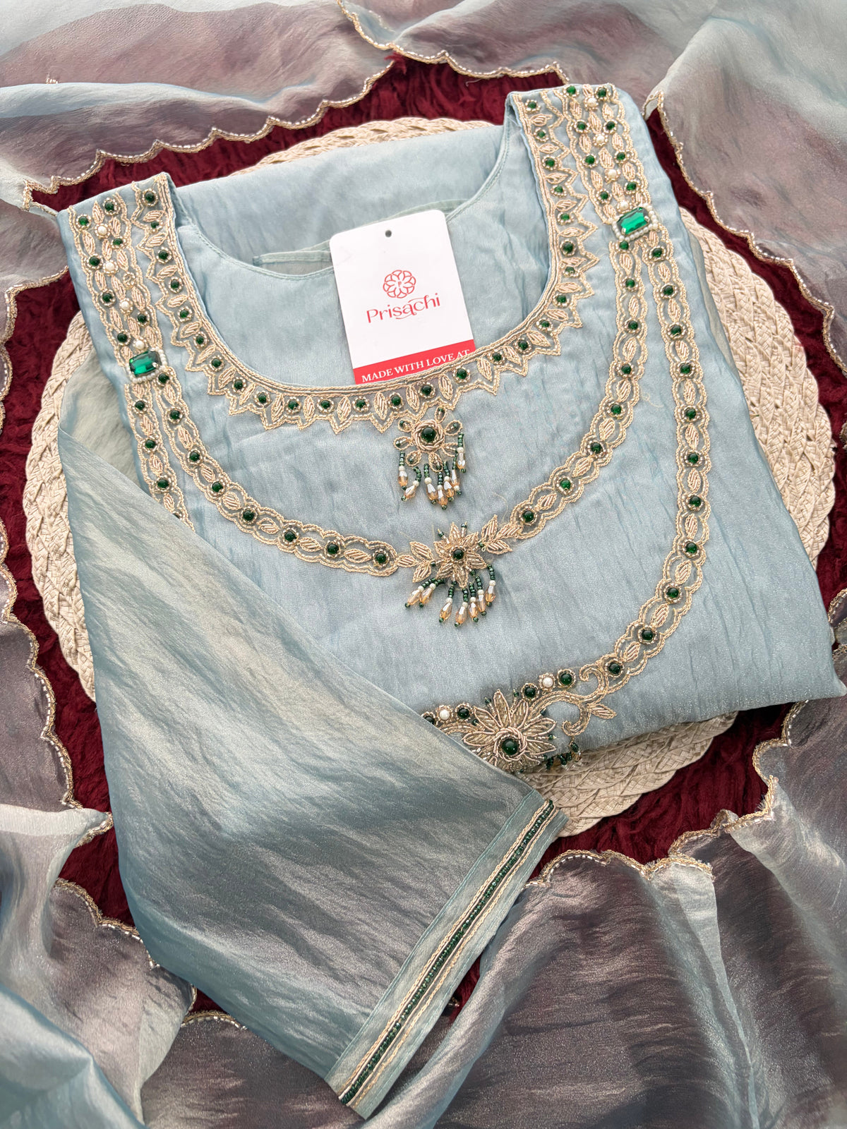 Mauve Zardozi Embroidered Ethnic A-Line Kurta Set for Women with Pants & Dupatta
