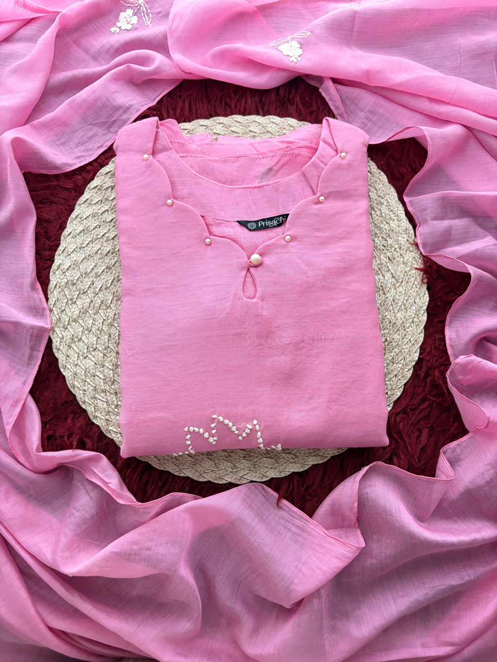 Pink Thread Embroidered A-Line Ethnic Kurta Set with Dupatta & Pants