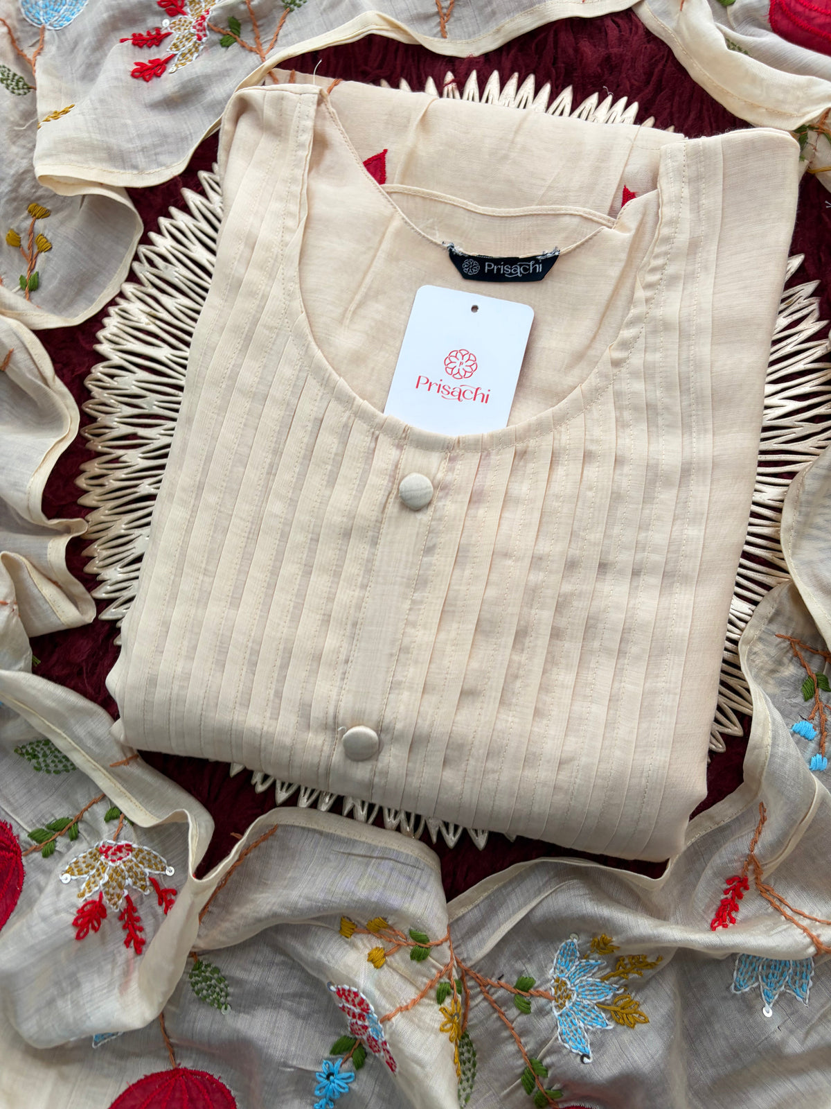 Beige Thread Embroidered A-Line Ethnic Kurta Set with Dupatta & Pants