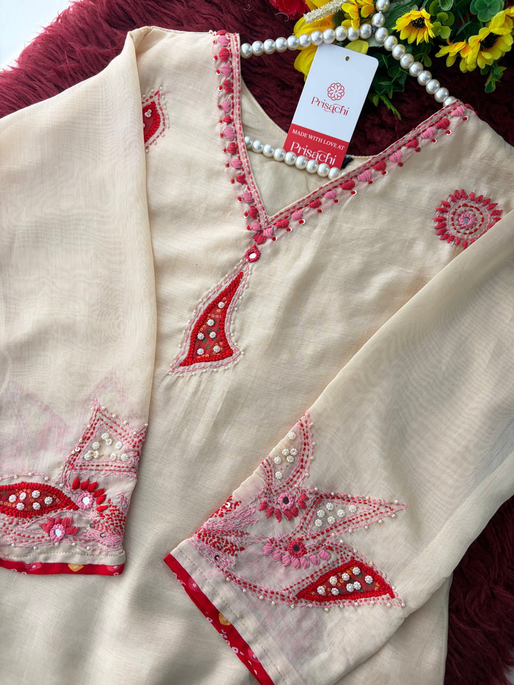 Cream Thread Embroidered A-Line Ethnic Kurta Set with Dupatta & Pants